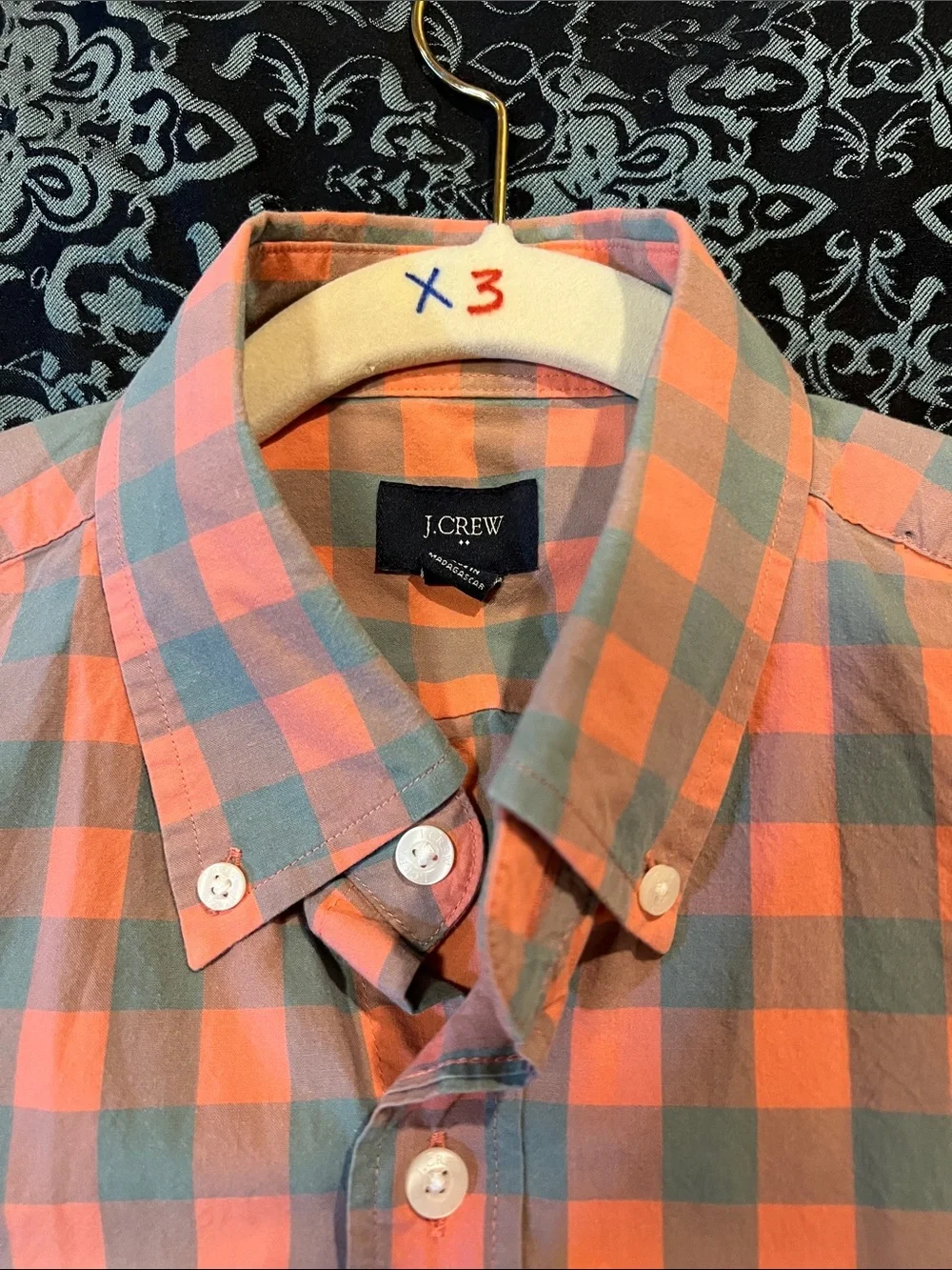 J. Crew Men's Coral and Gray Check Button-Down Shirt